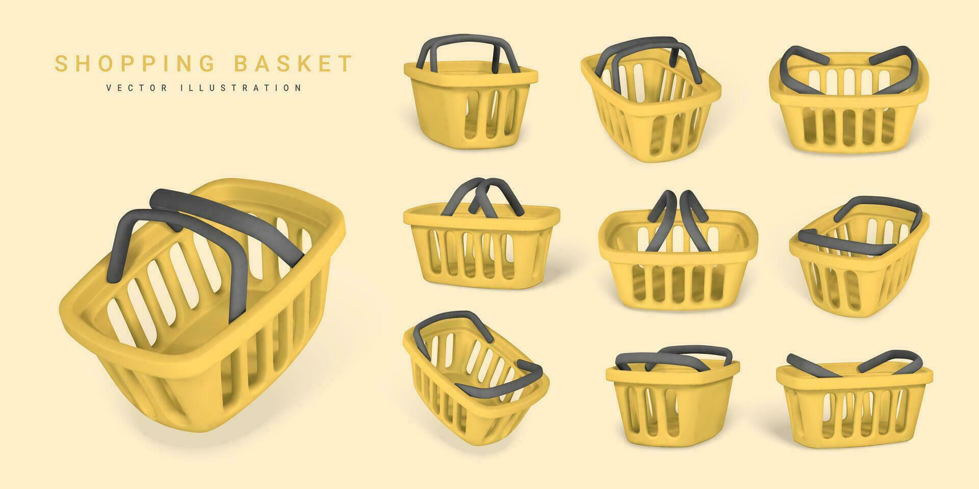Set of 3d empty yellow shopping baskets. Shopping concept. Vector illustration