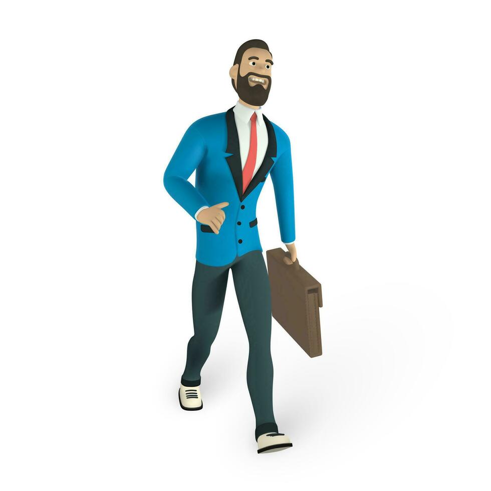 empresario personaje en 3d dibujos animados escalera para pasar una cerca. hombre en blanco camisa con atar. barbado chico, gesticulando vector ilustración