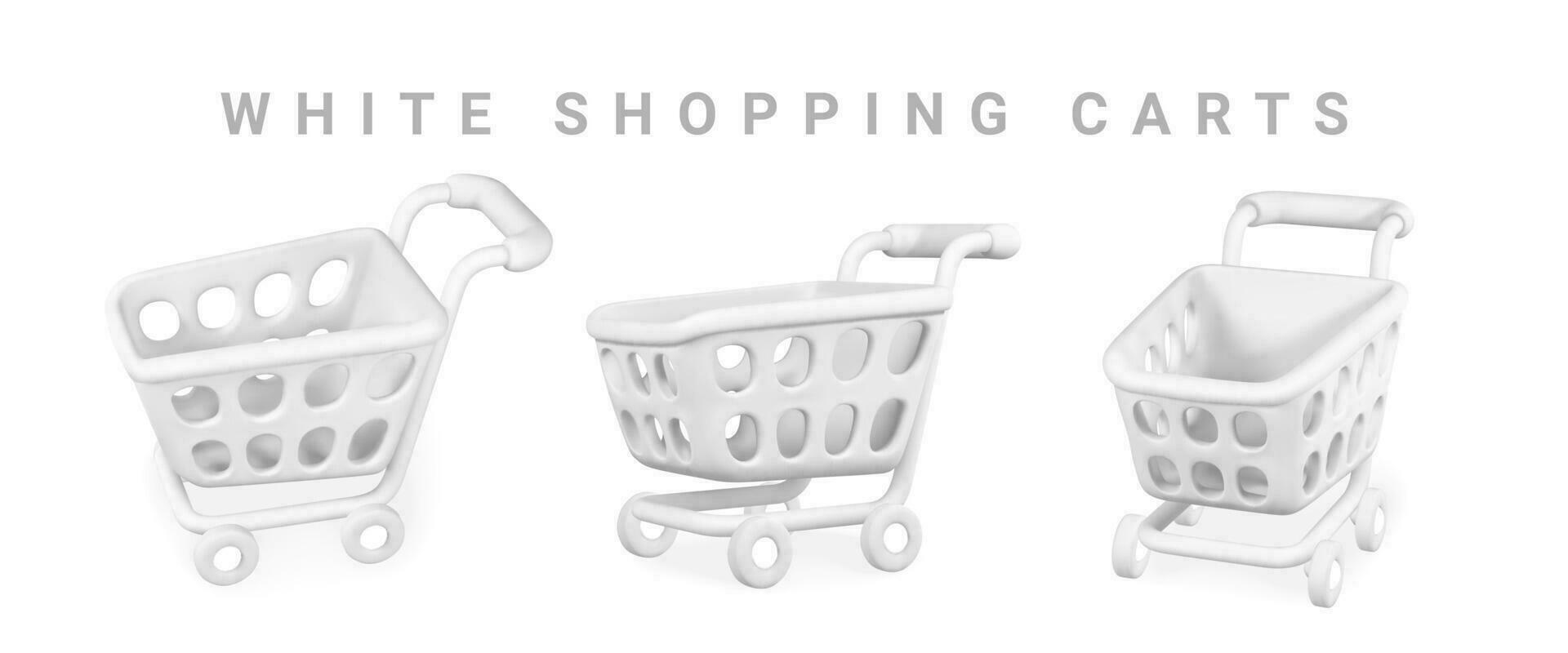 3d empty white shopping carts on a white background. Shopping concept. Vector illustration
