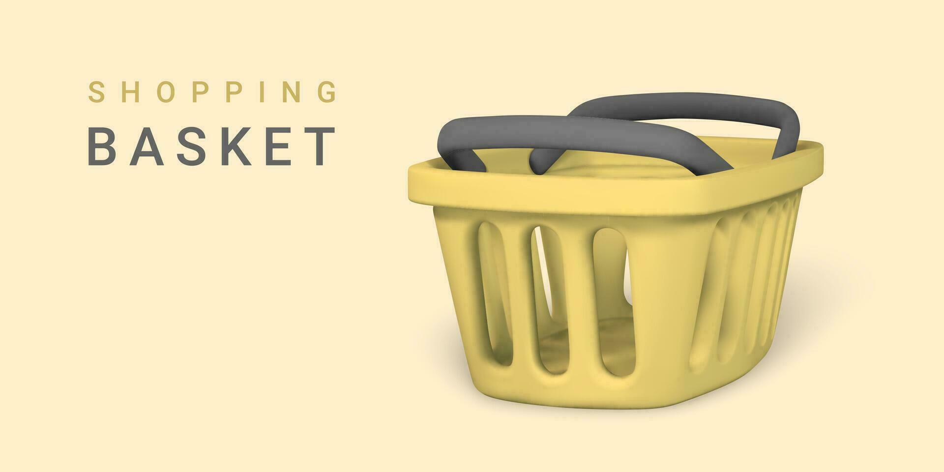 3d empty yellow shopping basket. Shopping concept. Vector illustration