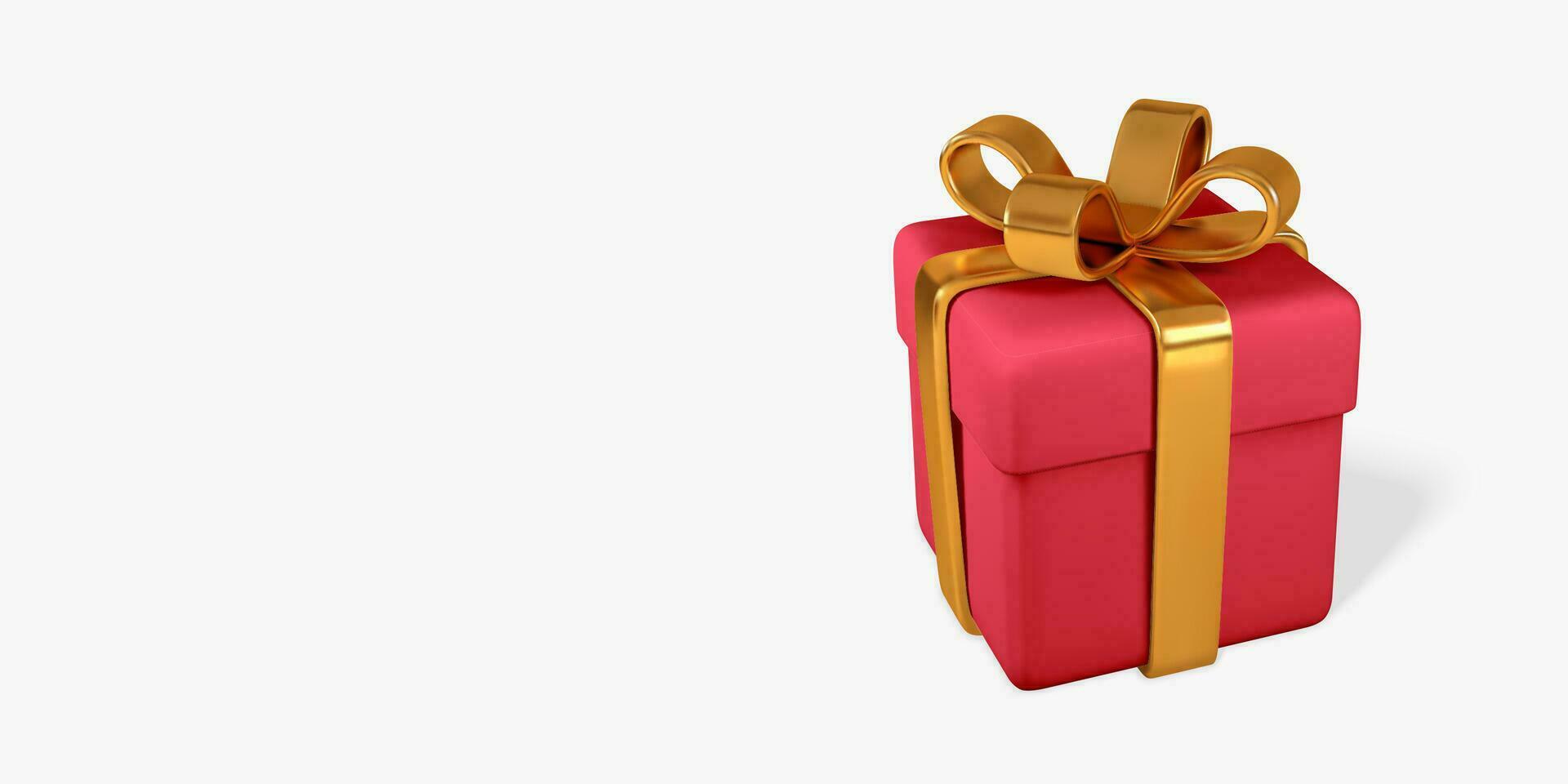 3D realistic red gift box with golden bow and ribbon. Paper box isolated on light background. Vector illustration