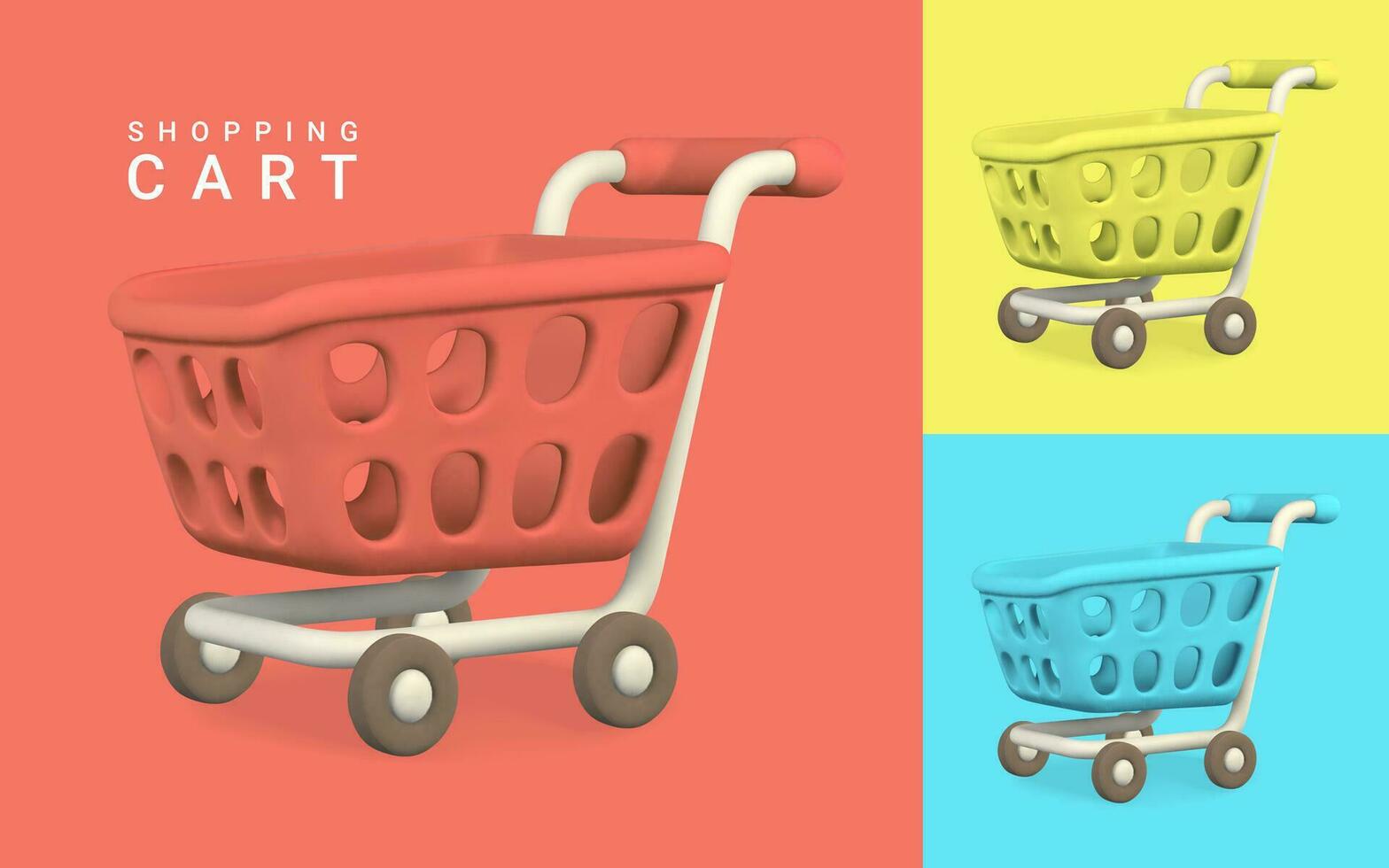 3d vacío rojo, amarillo y azul compras carros compras concepto. vector ilustración