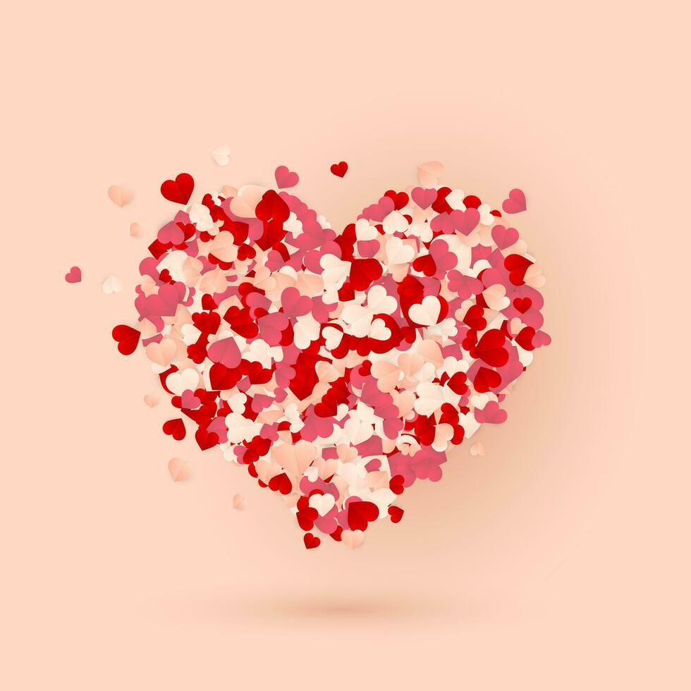 Happy Valentines Day background, paper red, pink and white orange hearts confetti. Vector illustration