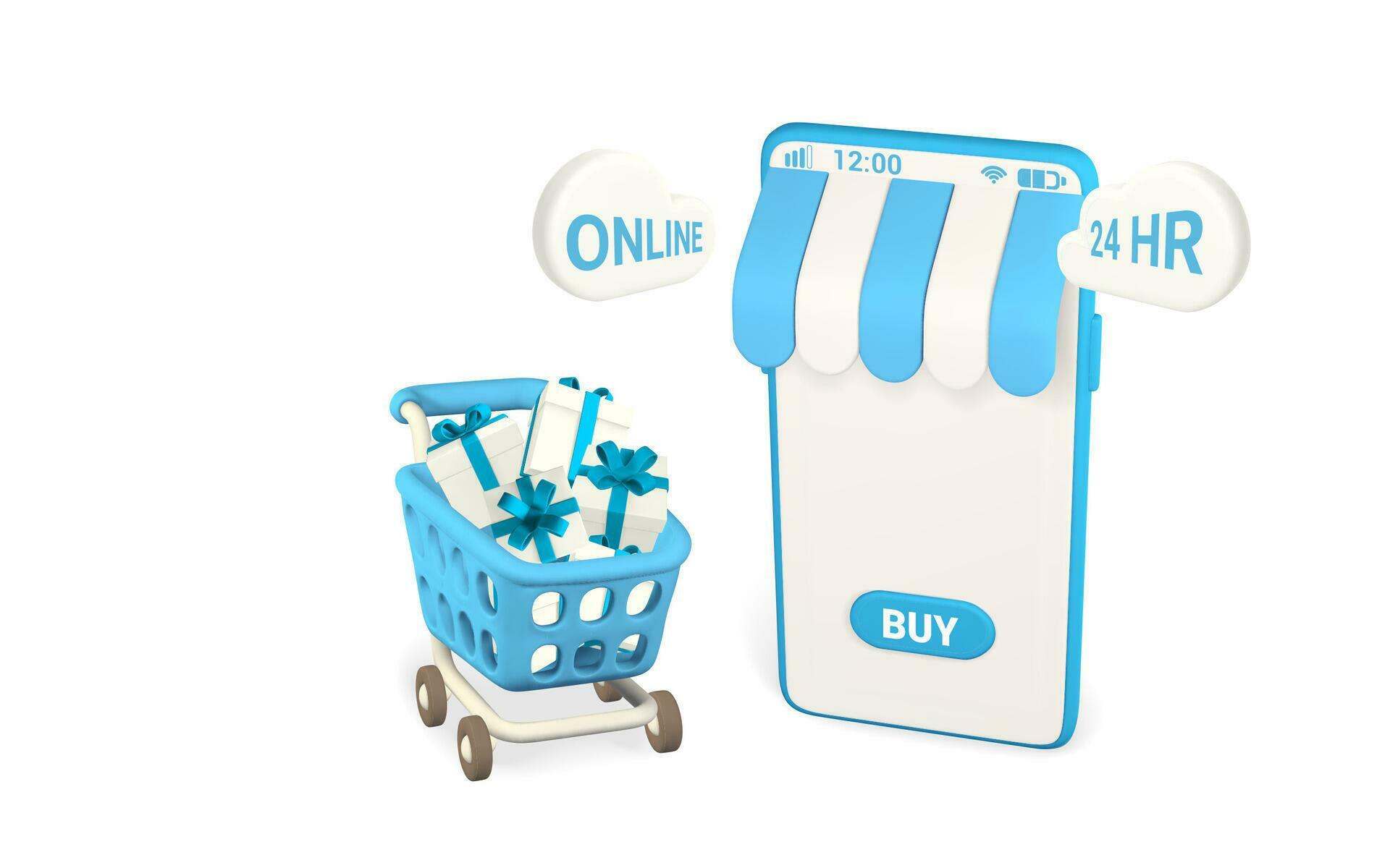 Online shopping concept. Realistic 3d mobilephone with blue shopping