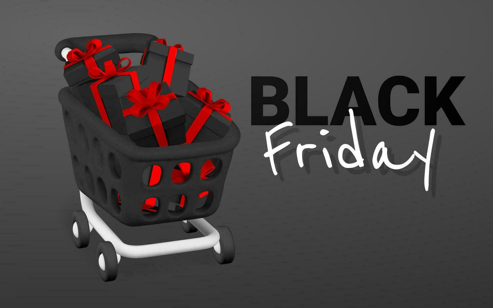 Black Friday banner. 3d shopping cart with gift boxes. Shopping concept. Vector illustration