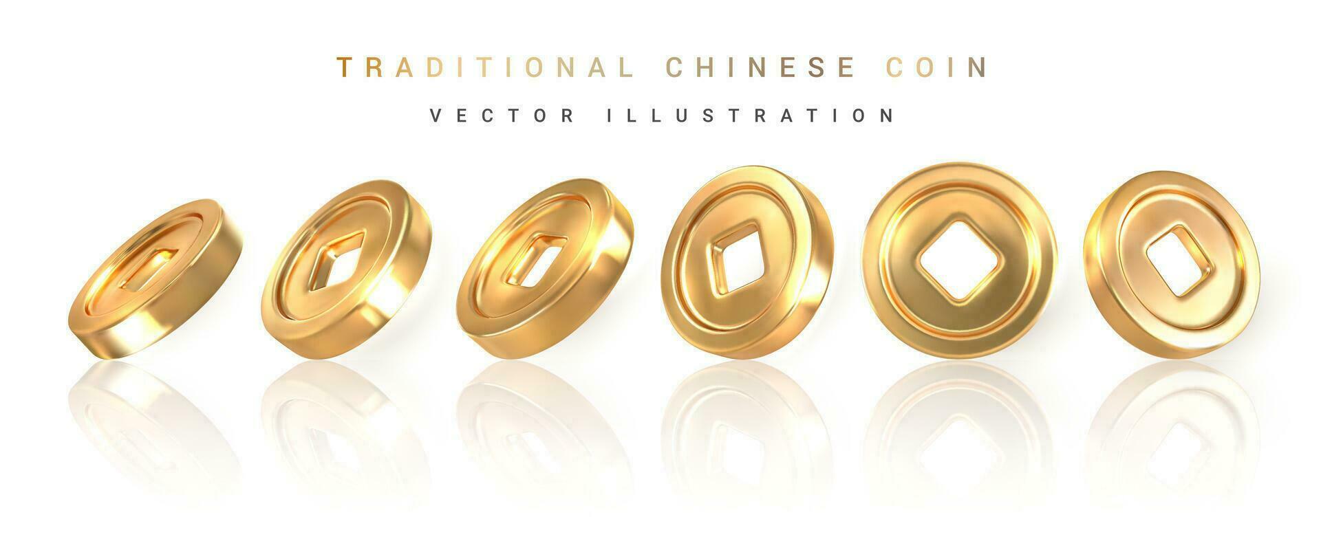 3d Traditional Chinese gold coin with square hole. Asian traditional elements. Vector illustration