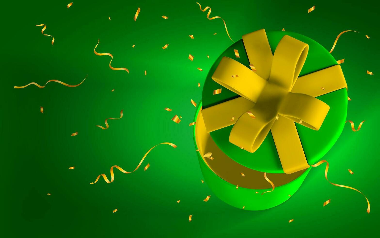 3D render realistic open gift box with confetti. White open paper box with red bow and ribbon isolated on green background. Vector illustration