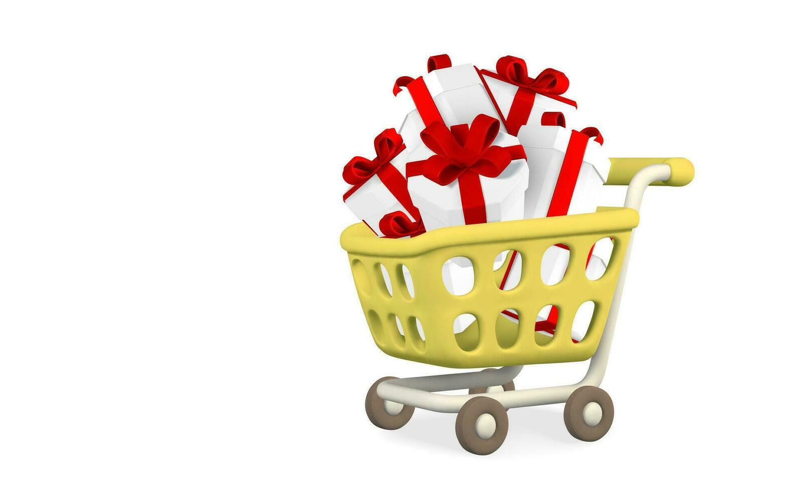 3d yellow shopping cart with gift boxes on a white background. Shopping concept. Vector illustration