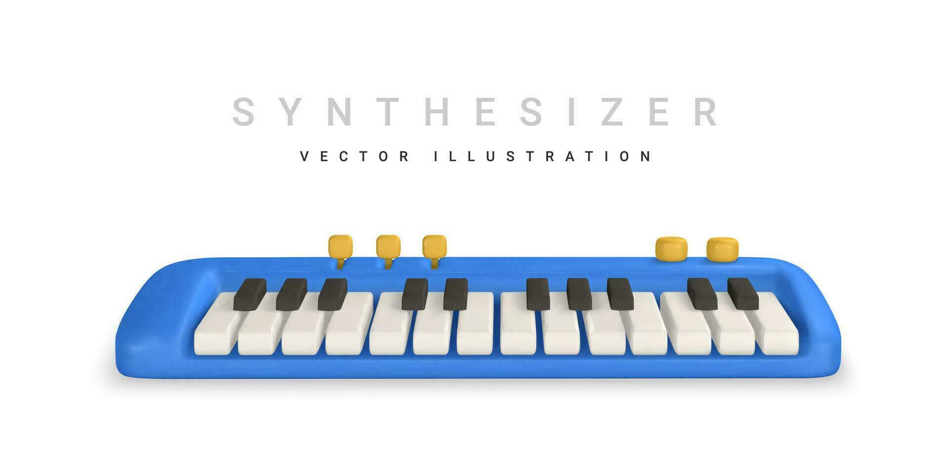 3d realista sintetizador. música concepto diseño en el plastico dibujos animados estilo. vector ilustración