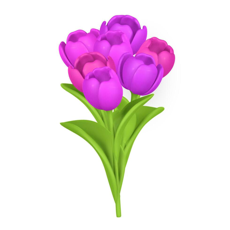3D Cute pink spring bunch of tulips in cartoon style. Vector illustration