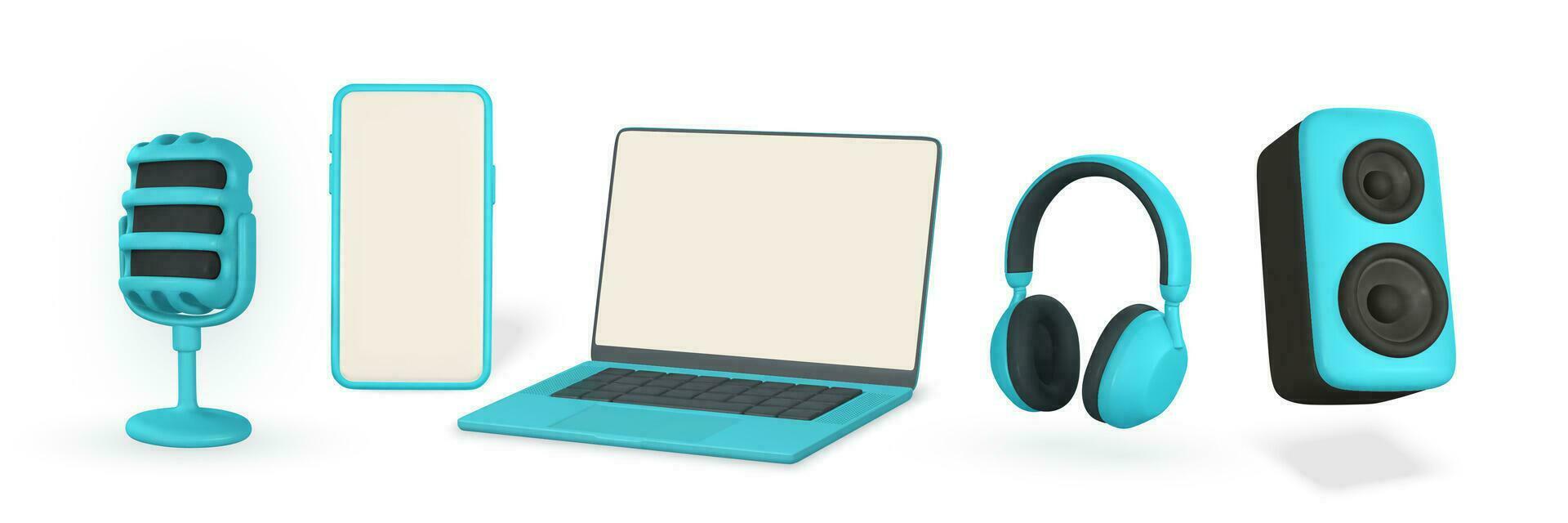 3d realistic microphone, smartphone, laptop, headphone and audio speaker in plastic cartoon style. Vector illustration