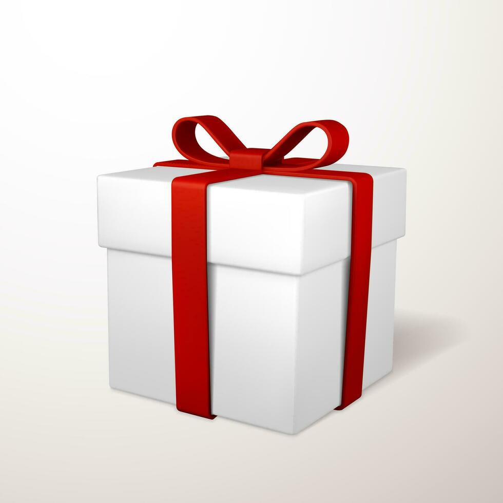 Realistic gift box with red bow isolated on gray background. Vector illustration