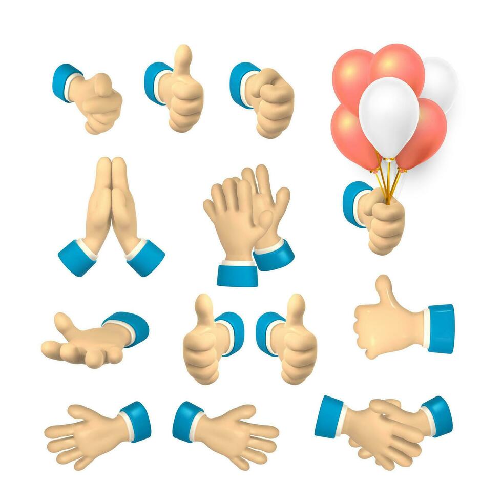 Cartoon character hand shows finger gestures. 3d render hand businessman in suit. Vector illustration