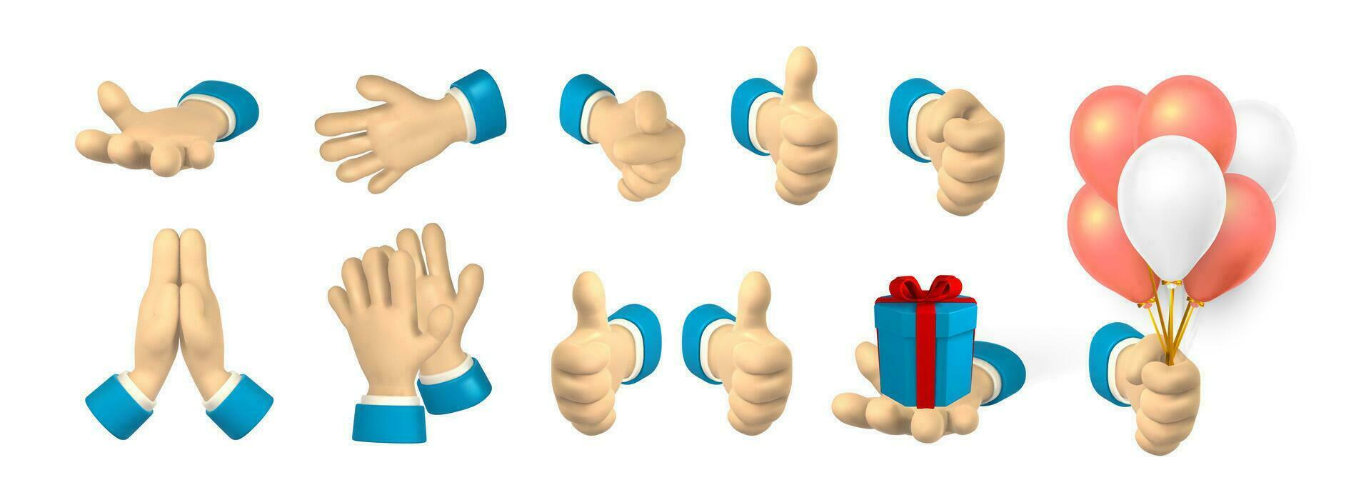 Cartoon character hand shows finger gestures. 3d render hand businessman in suit. Vector illustration