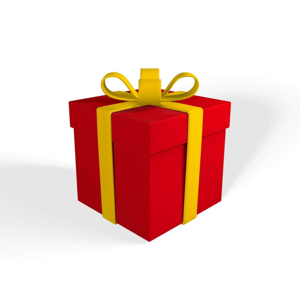 3D realistic red gift box with yellow ribbon and bow. Paper box on white background with shadow. Vector illustration