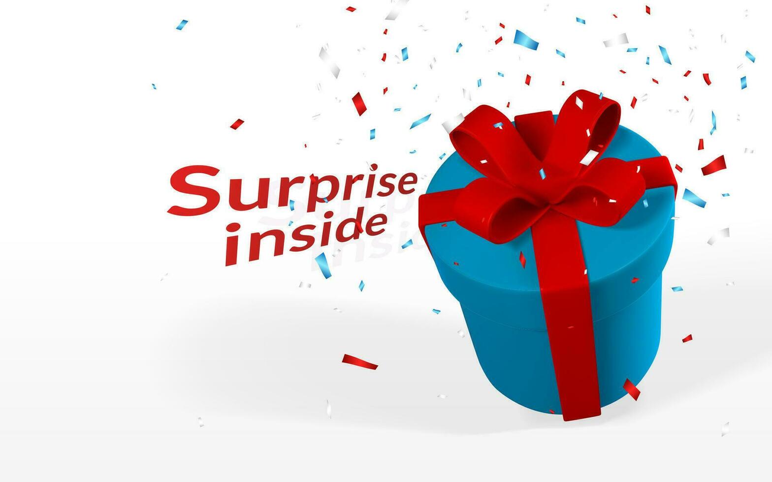 3D realistic gift box with red bow. Paper box with ribbon, shadow and confetti isolated on white background. Vector illustration