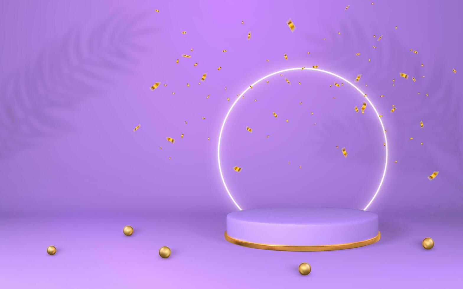 3d violet pedestal. Purple podium display on empty room. Stage for product on cylinder podium. Minimal style. Vector illustration