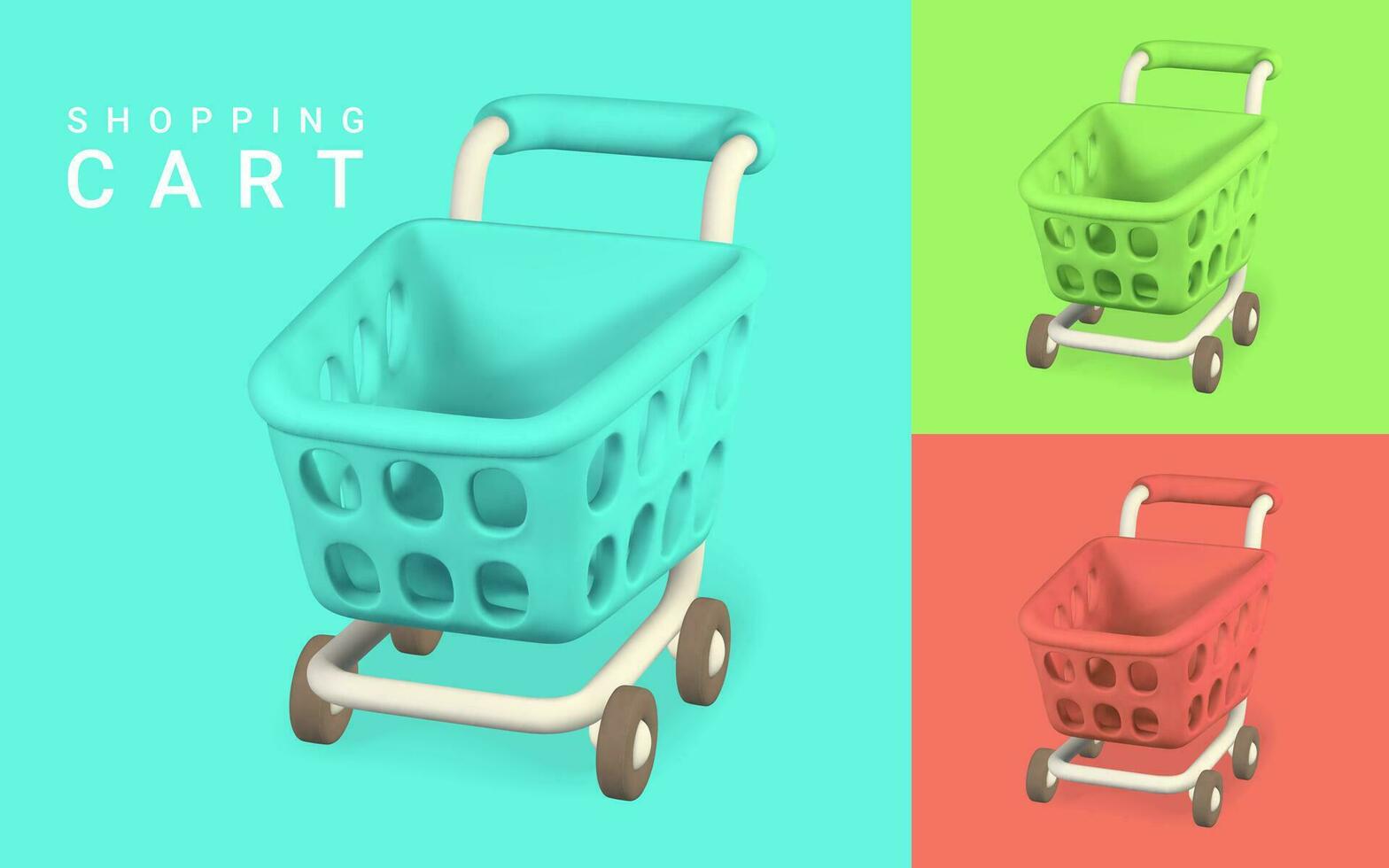 3d empty red, green and blue shopping carts. Shopping concept. Vector illustration