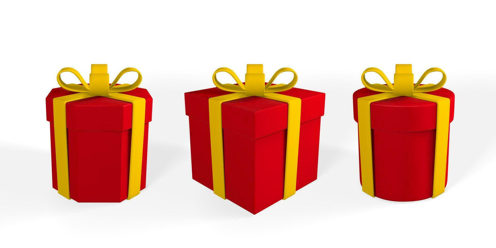 3D realistic red gift box with yellow ribbon and bow. Paper box on white background with shadow. Vector illustration