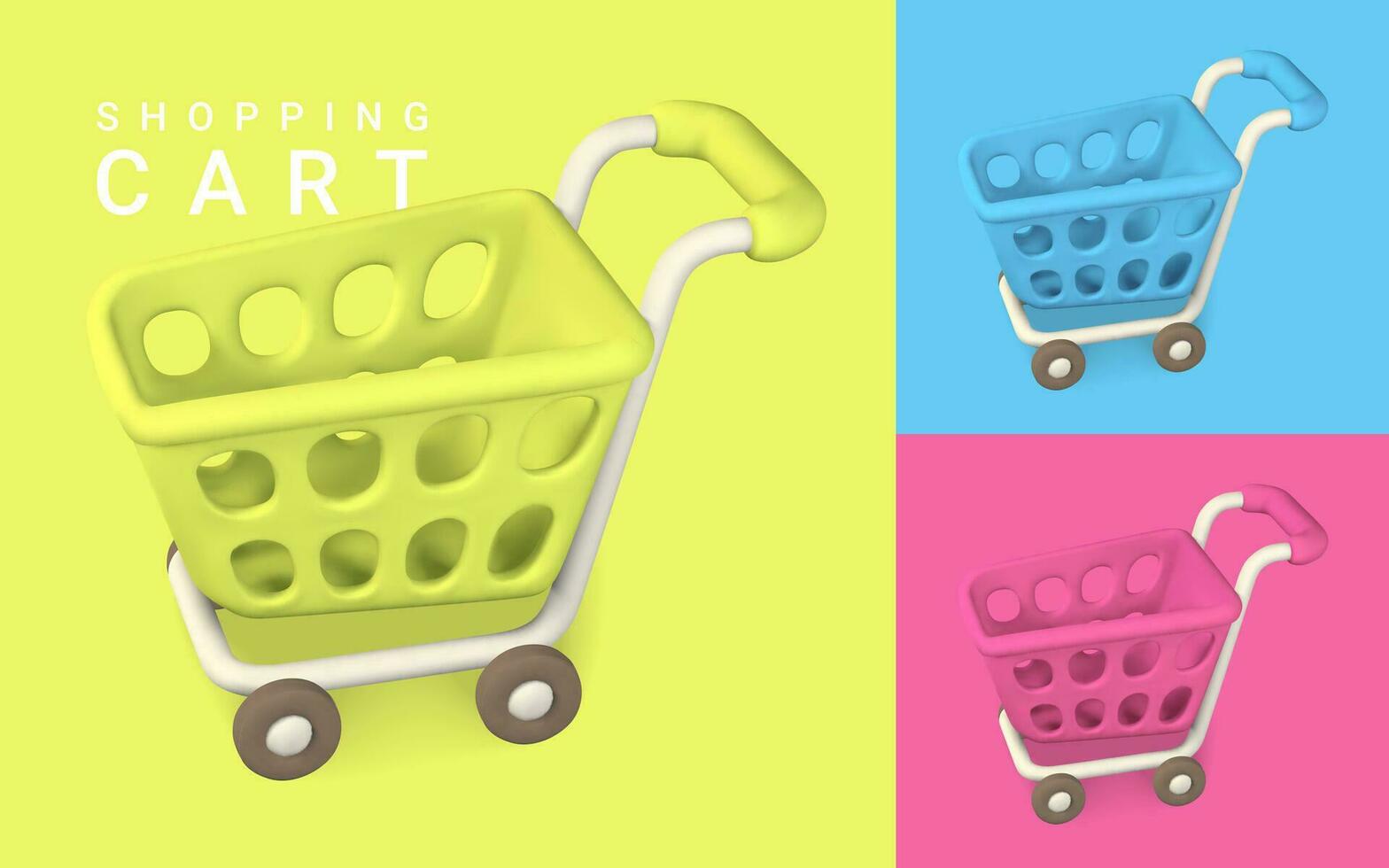 3d empty red, yellow and blue shopping carts. Shopping concept. Vector illustration