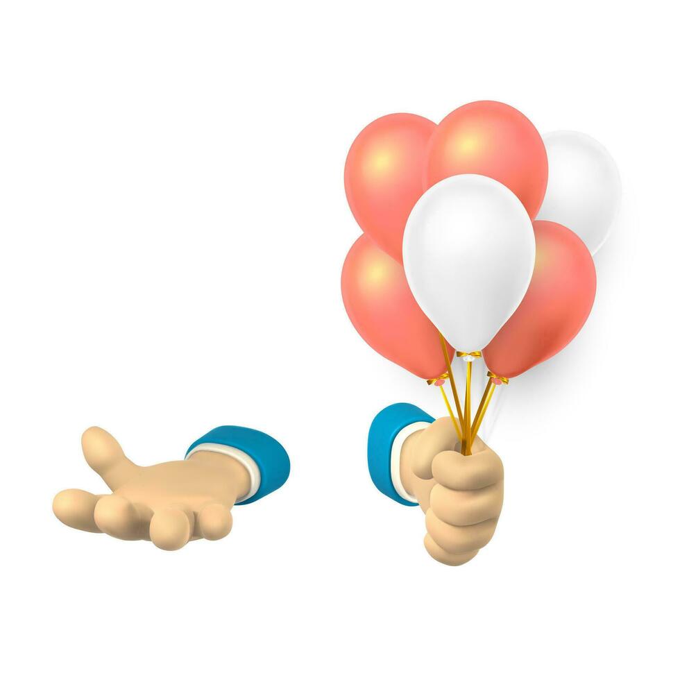 dibujos animados personaje manos. uno vacío mano y el otro con un manojo de globos 3d hacer mano empresario en traje. vector ilustración