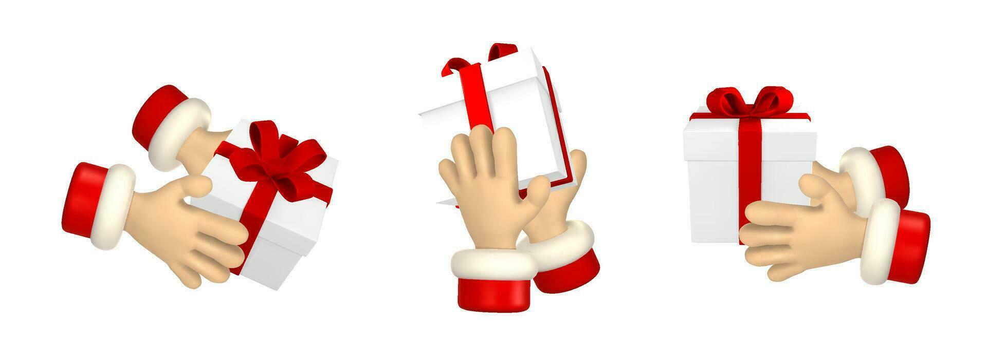 Cartoon character hand with gift boxex. 3d render santa hands. Vector illustration
