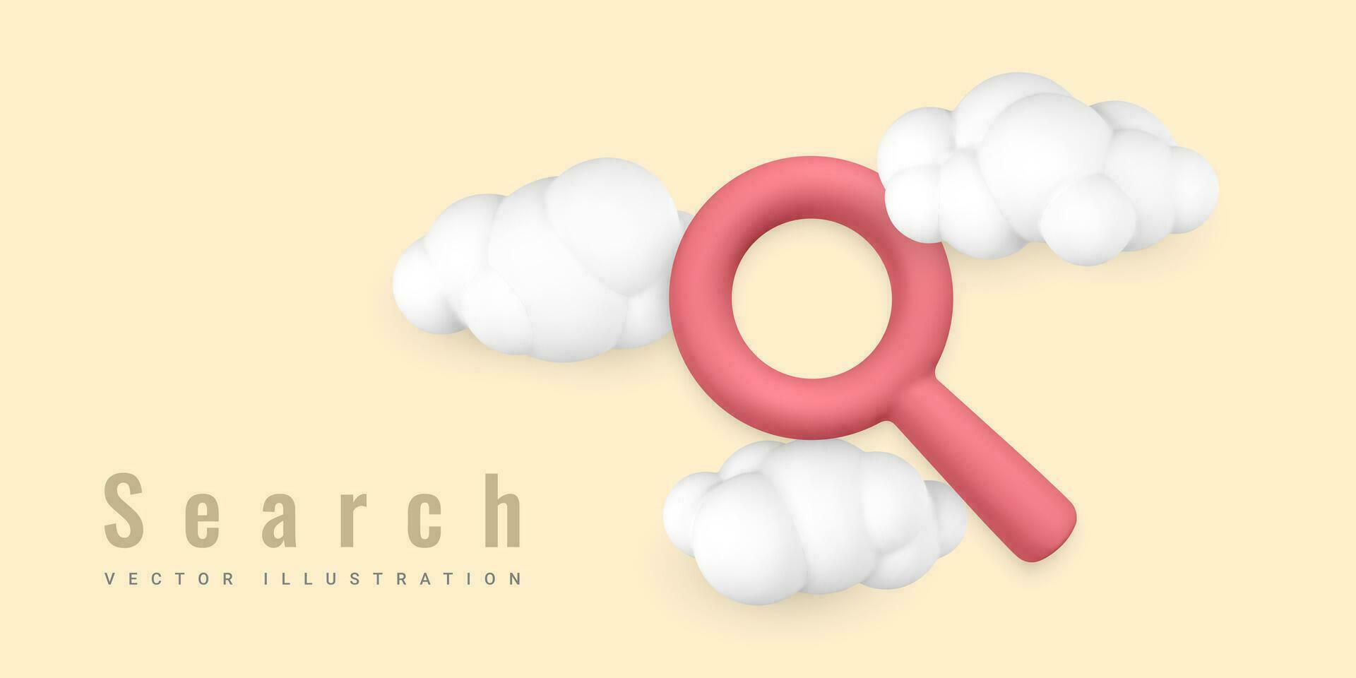 Magnifying glass. Search icon symbol in clouds isolated on light background. Vector illustration