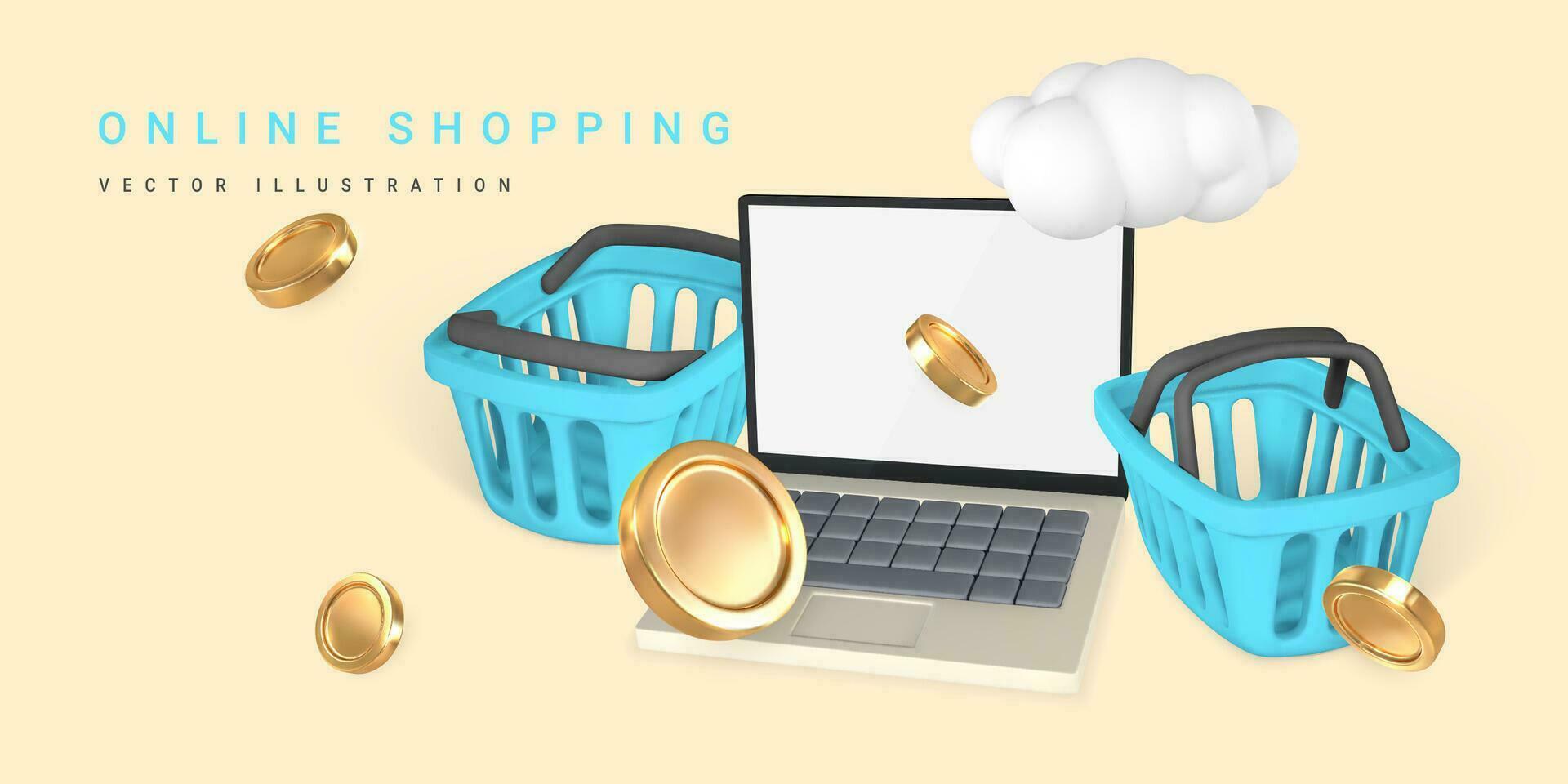 Online shopping concept. Realistic 3d laptop with blue shopping cart, basket and flying coins. Online store. Vector illustration