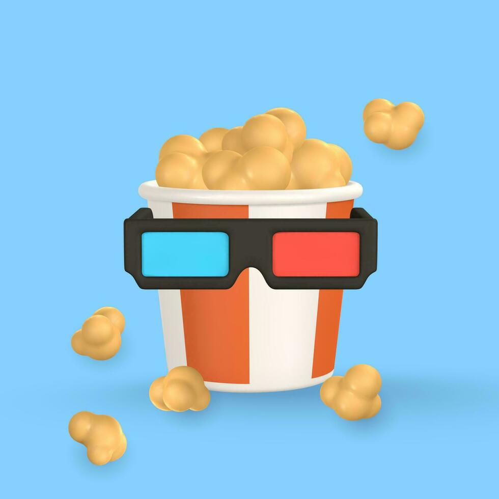 3d realistic pop corn bucket container with glasses for watching movies in plastic cartoon style. Vector illustration