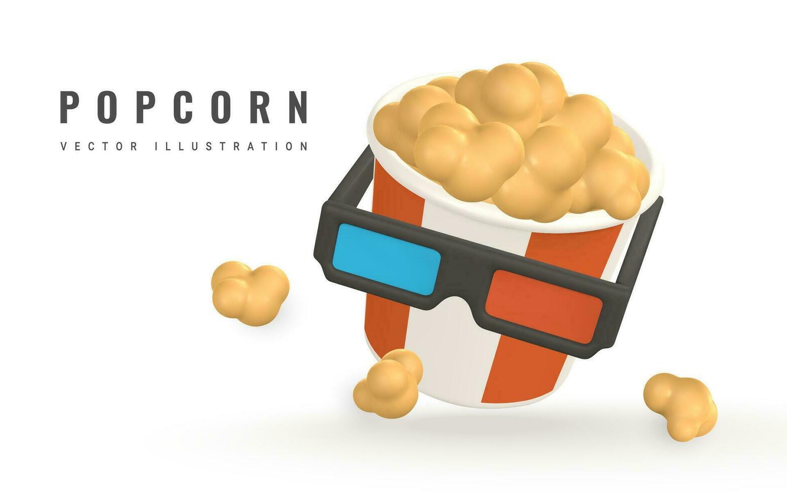 3d realistic pop corn bucket container with glasses for watching movies in plastic cartoon style. Vector illustration