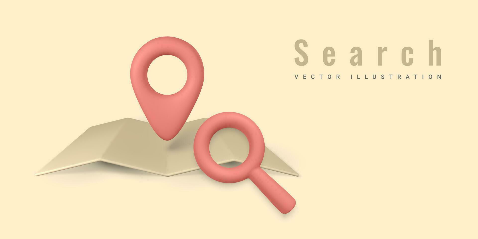 Map Search. Magnifying glass. Search icon symbol. Pin point marker on map. Vector illustration