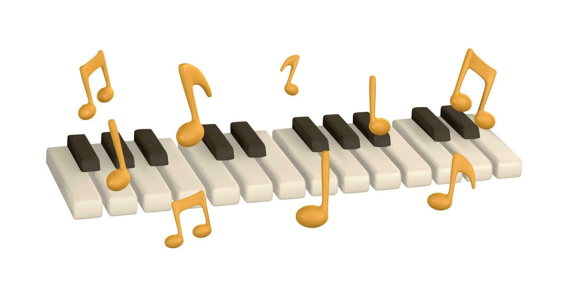 3d realistic piano keys. Musical instrument keyboard with music notes. Vector illustration