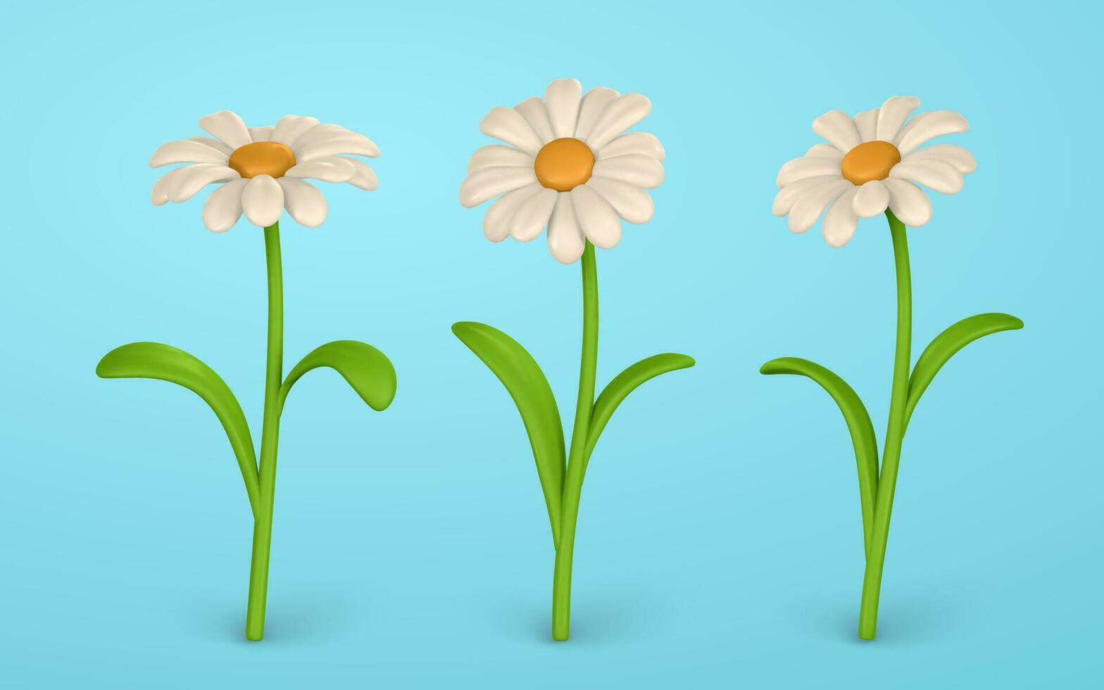 3D Cute colorful daisy flower. Chamomile in cartoon style. Vector illustration