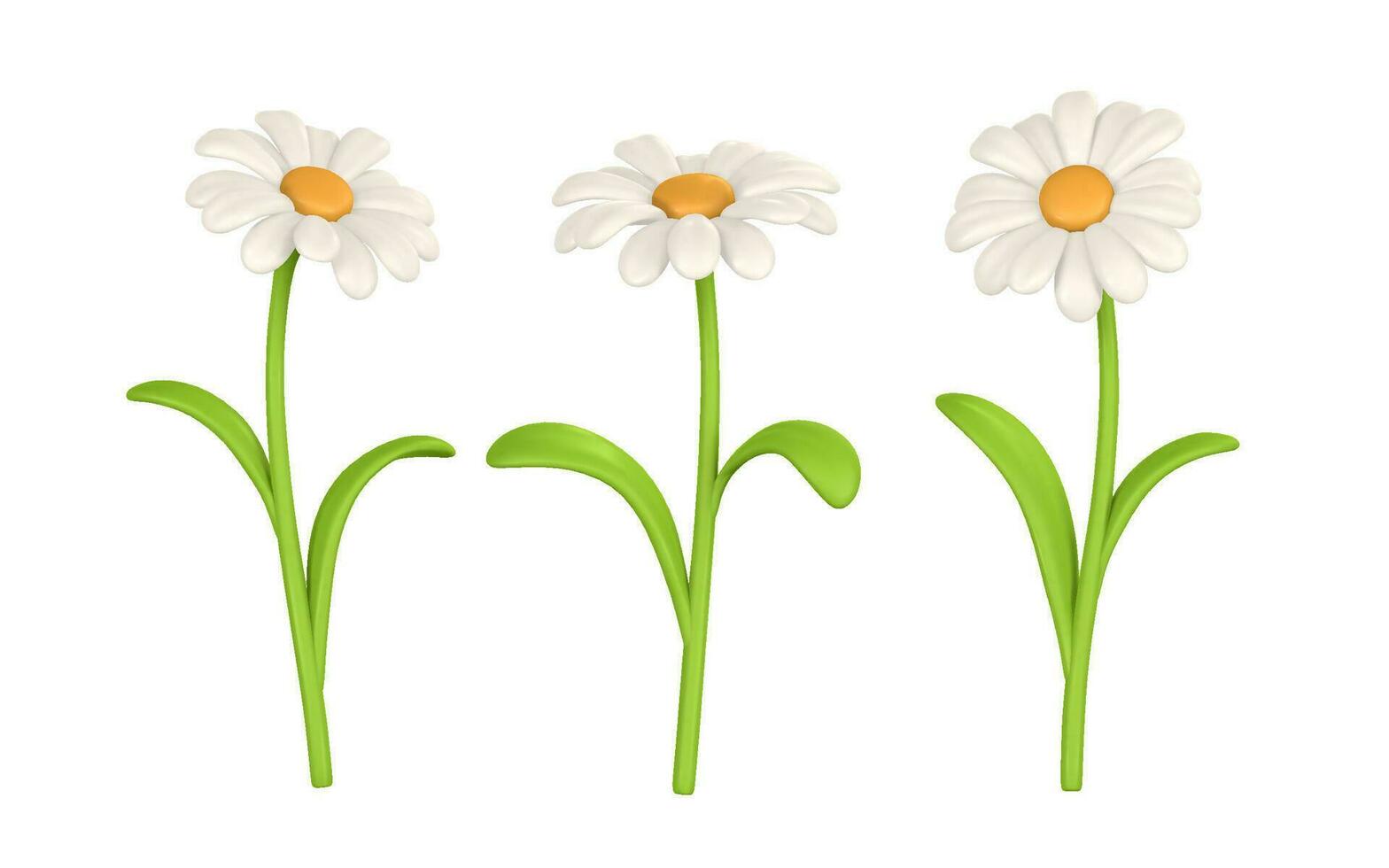 3D Cute colorful daisy flower. Chamomile in cartoon style. Vector illustration