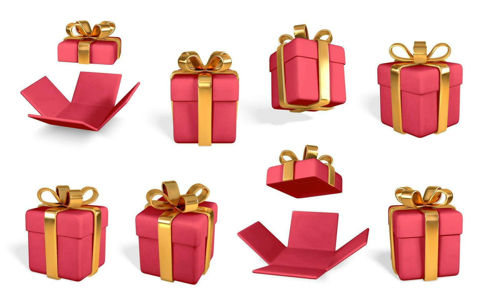3d realista rojo regalo cajas con dorado arco. papel cajas con cinta y sombra aislado en blanco antecedentes. vector ilustración