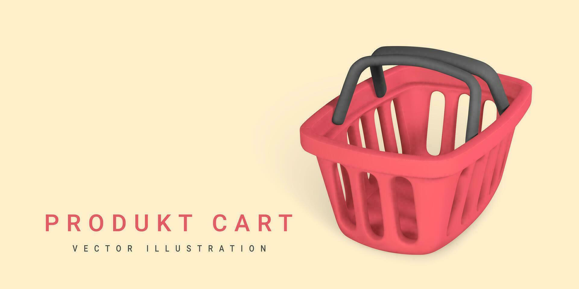 3d vacío rojo compras cesta. compras concepto. vector ilustración