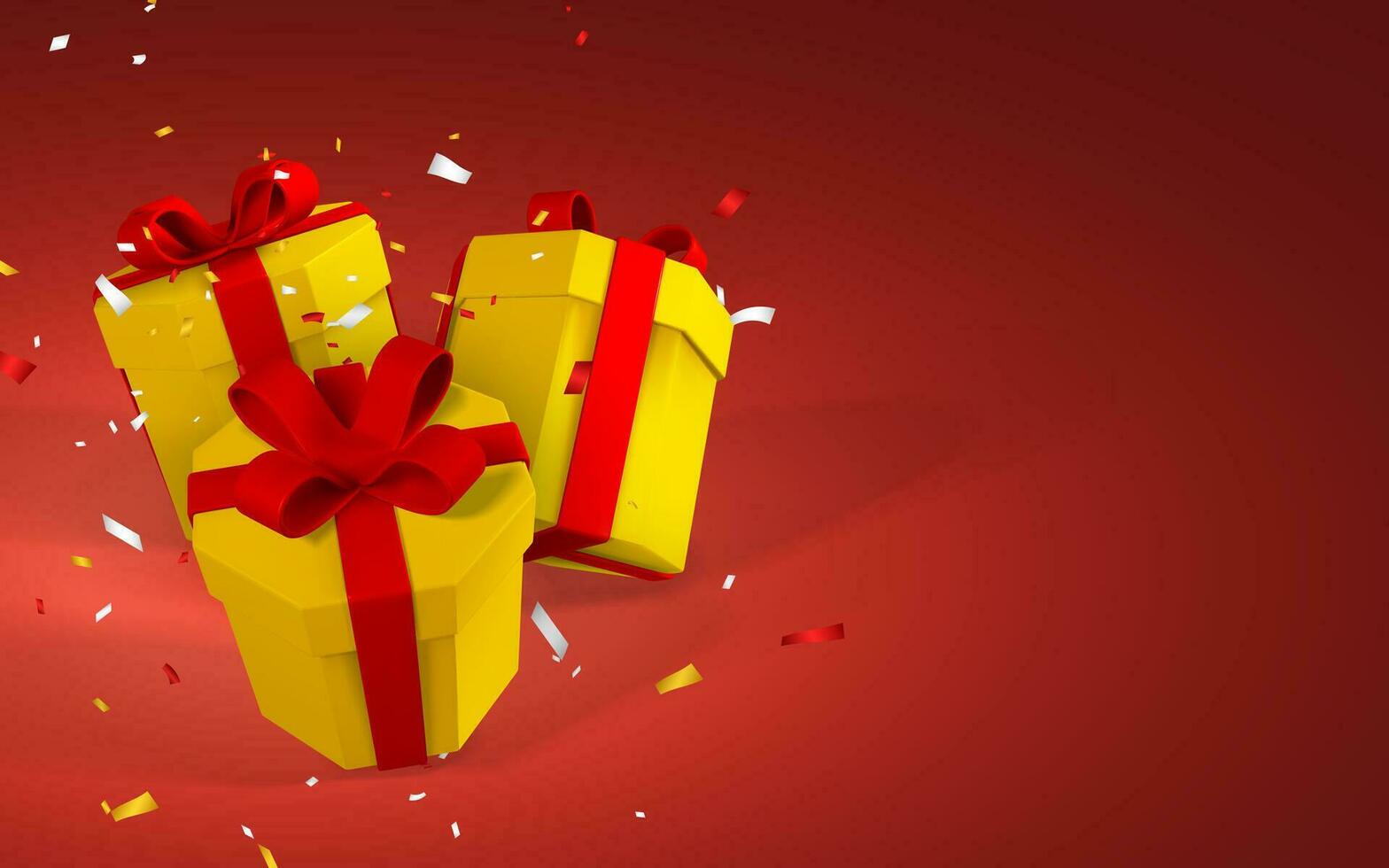 3D realistic gift boxes with red bow. Paper yellow boxes with ribbon and shadow isolated on red background. Vector illustration