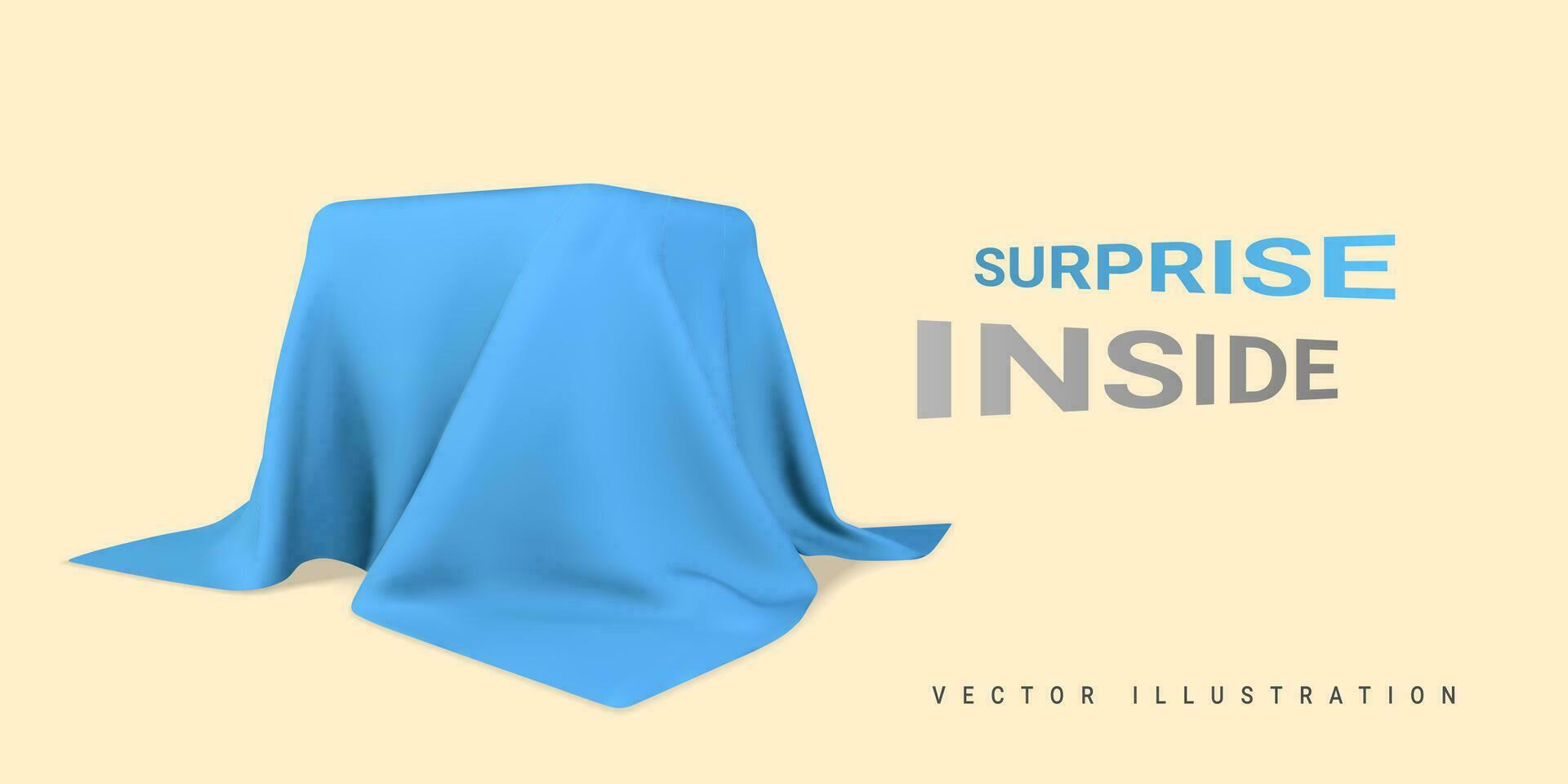 Square box covered with realistic blue silk fabric isolated on light background. Surprise inside. 3D realistic illustration. Vector illustration