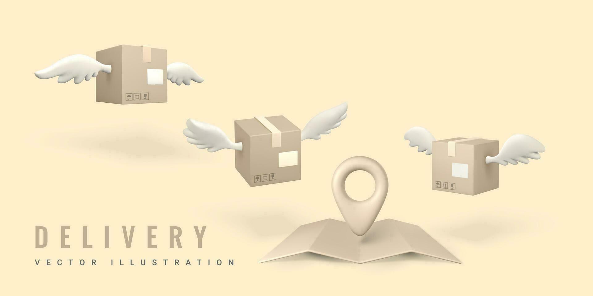 3d parcels with wings fly to the point of destination. Delivery service concept. Vector illustration