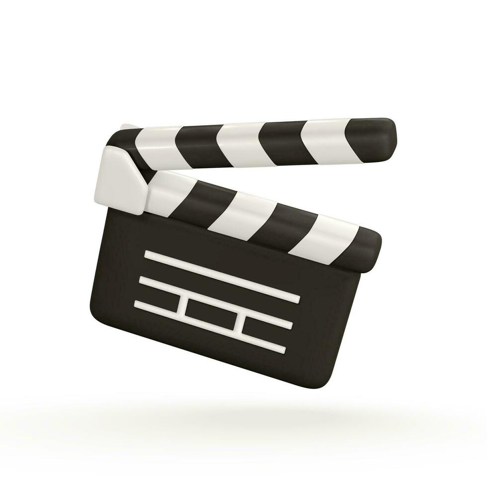 3d realistic Clapperboard. Movie clapper board in plastic cartoon style. Vector illustration