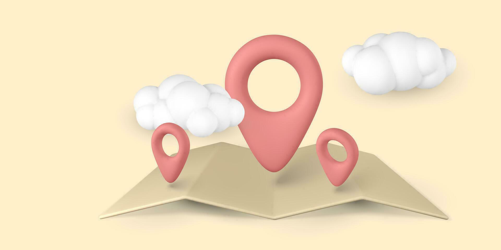 3d pin point marker with shadow in clouds. Location icon on map. Vector illustration