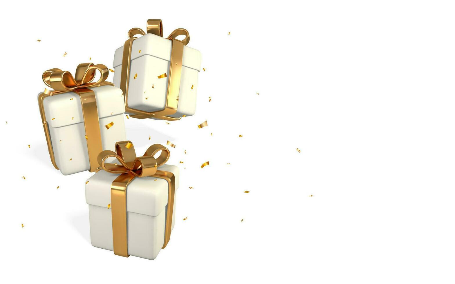 3d realista blanco regalo cajas con dorado arco y papel picado. papel cajas con cinta aislado en blanco antecedentes. vector ilustración
