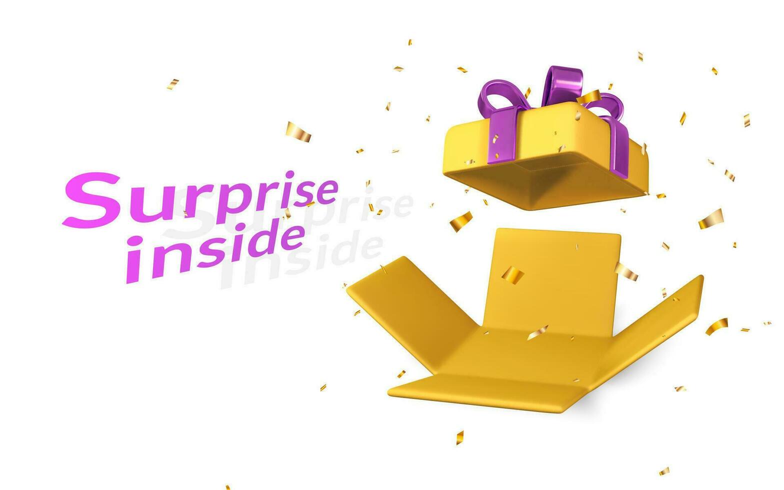 3D render and draw by mesh realistic open gift box. Surprise inside. Vector illustration