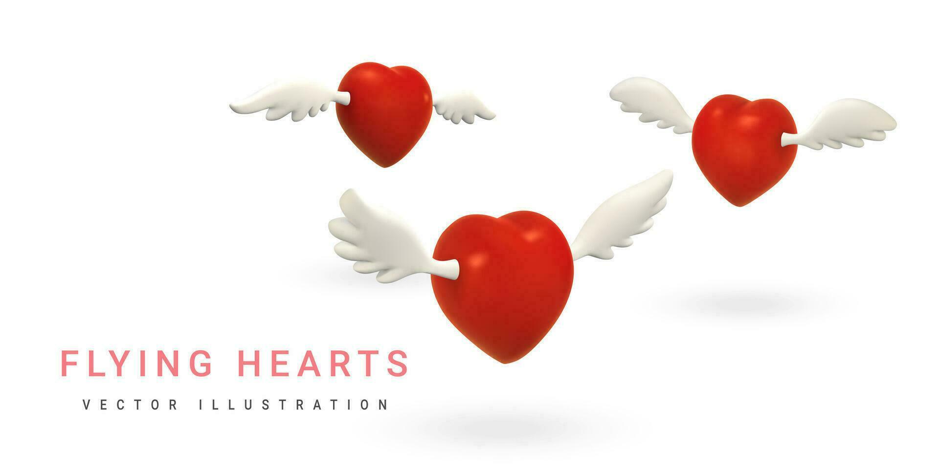 3d flying red hearts with wings on light background. Valentines day concept. Vector illustration