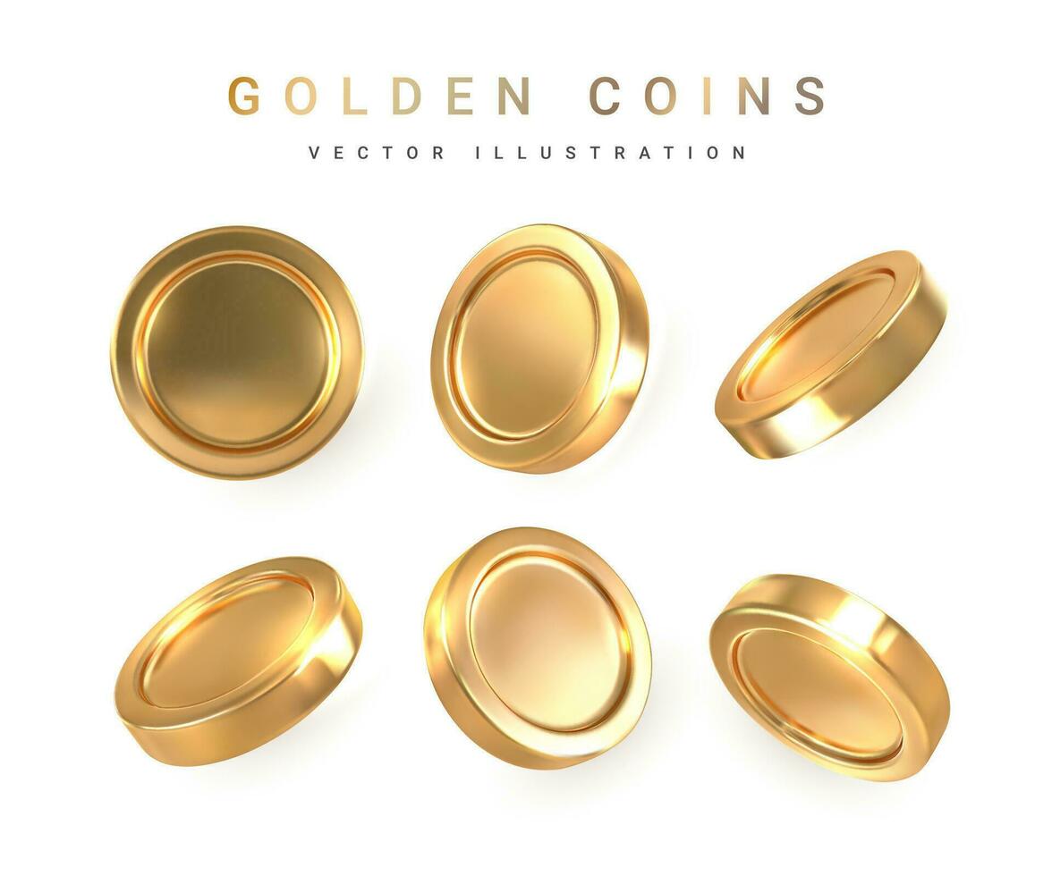 Set of realistic of gold coins isolated on white background. Vector illustration