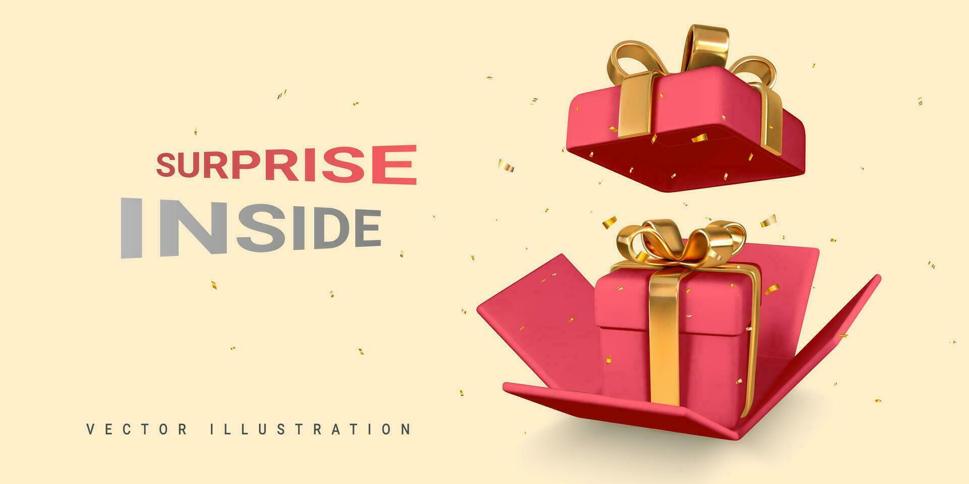 Open red Gift Box and Confetti on yellow background. Surprise inside. Vector Illustration