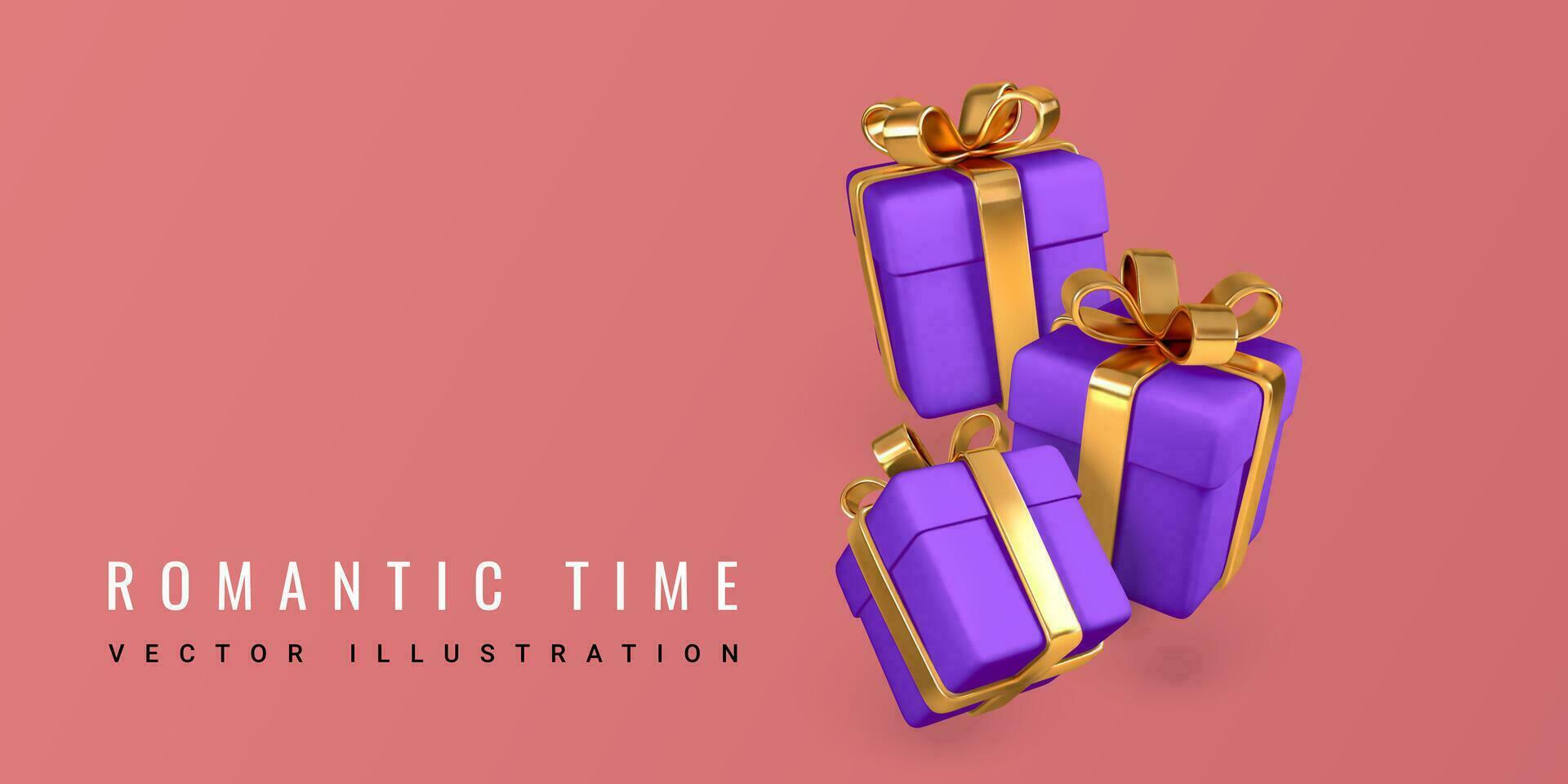 3D realistic paper purple gift boxes with gold ribbon and bow. Paper boxes falling on a red background. Vector illustration