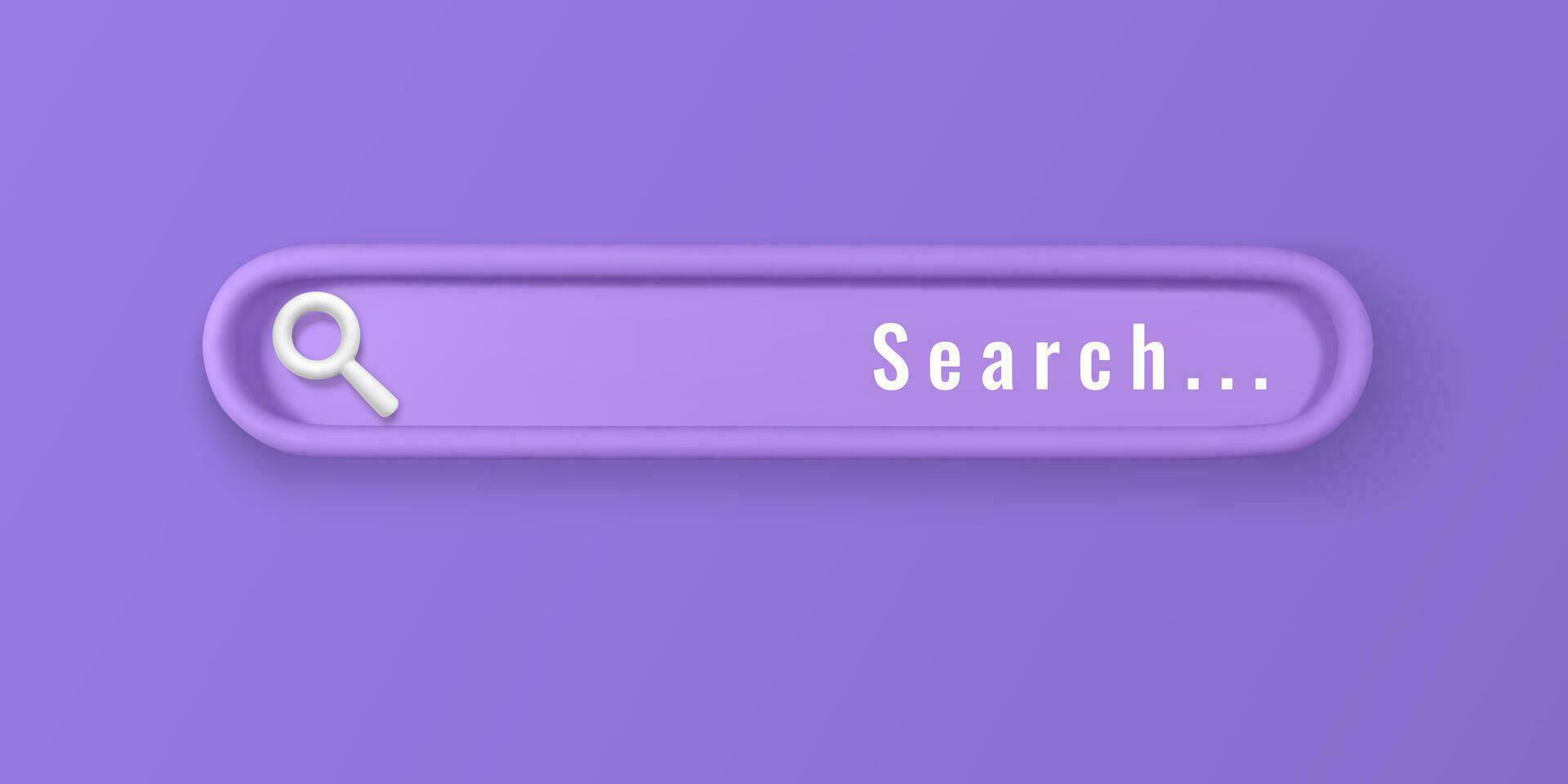Realistic 3d search bar design element in cartoon minimal style on violet background. Vector illustration