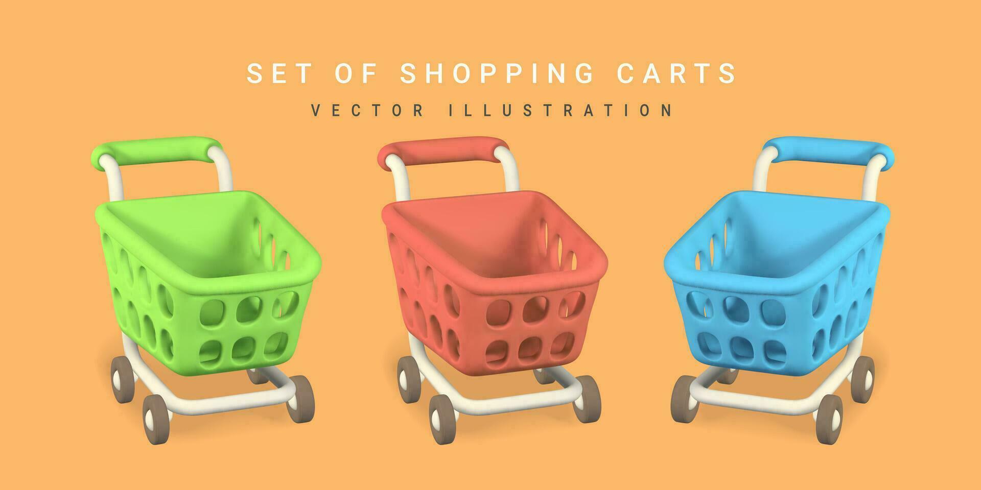 3d empty red, green and blue shopping carts. Shopping concept. Vector illustration