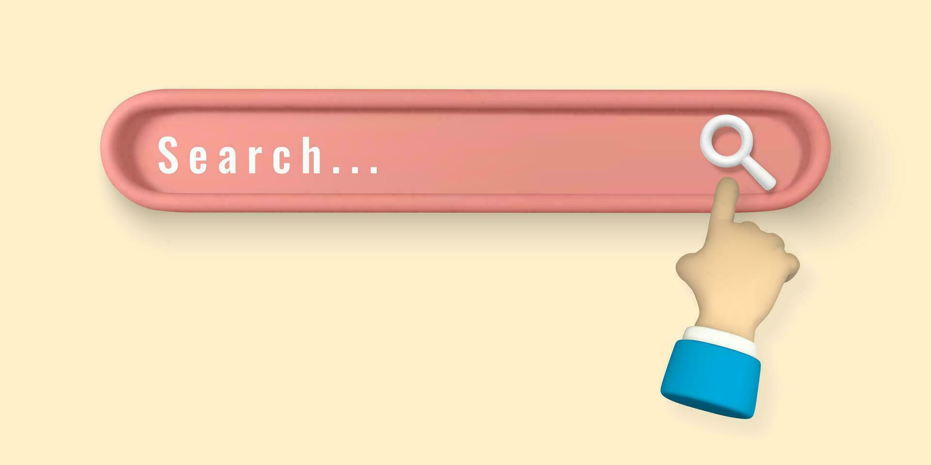 Realistic 3d search bar design element with hand pointing in cartoon minimal style on light background. Vector illustration